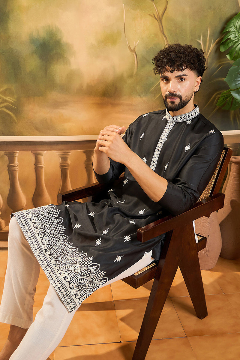 Black Silk Blend Solid Embroidered Straight Kurta with Trouser