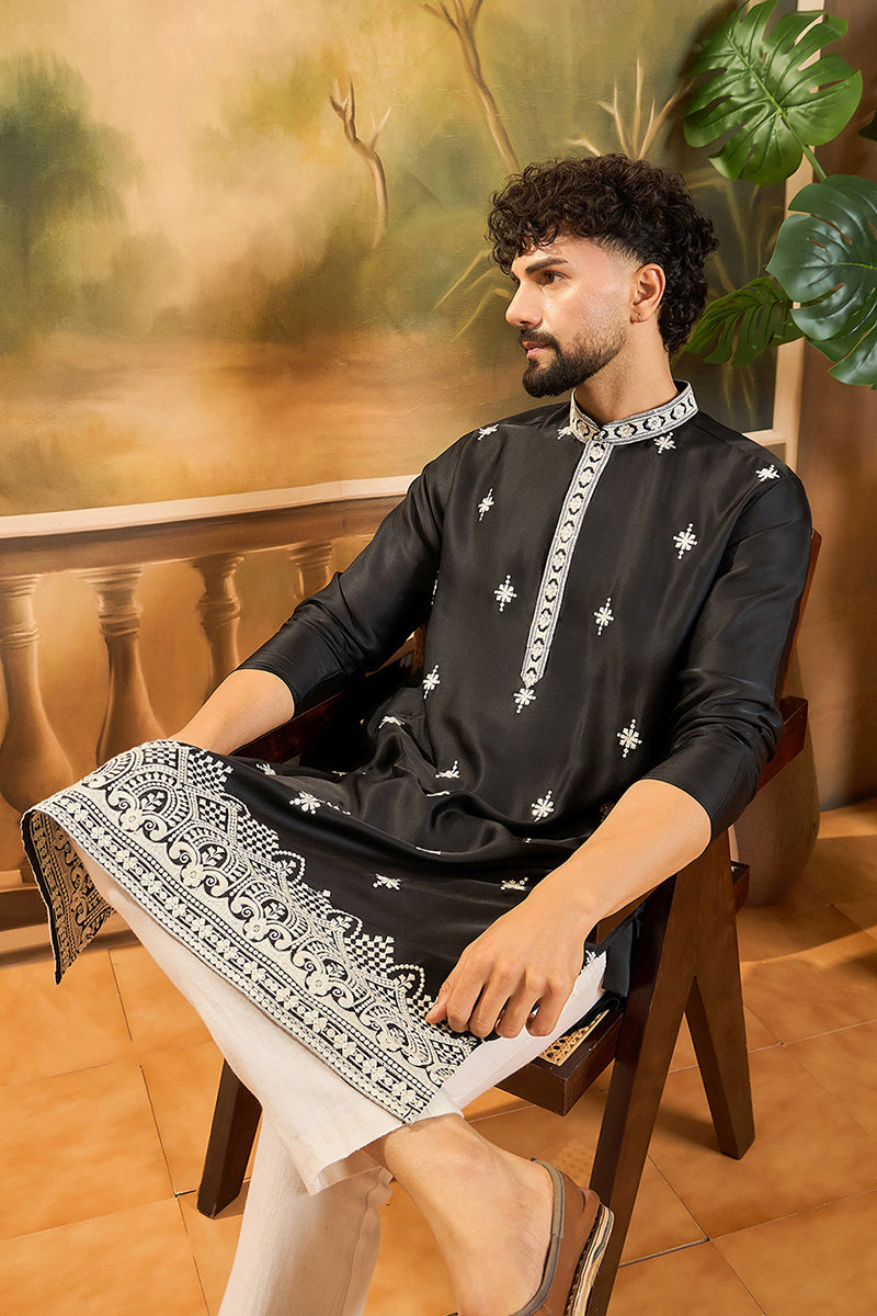 Black Silk Blend Solid Embroidered Straight Kurta with Trouser MKSET1441