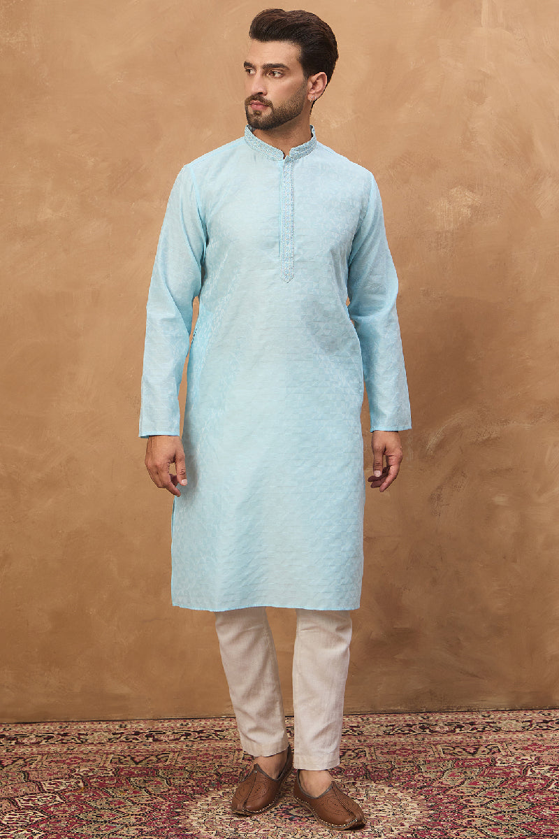 Blue Silk Blend Solid Embroidered Straight Kurta With Pant Set MKSET1452