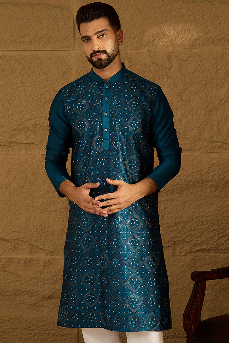 Blue Silk Blend Solid Embroidered Straight Kurta with Trouser MKSET1469
