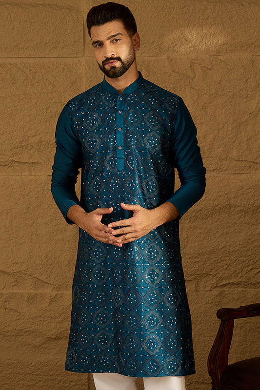 Blue Silk Blend Solid Embroidered Straight Kurta with Trouser MKSET1469
