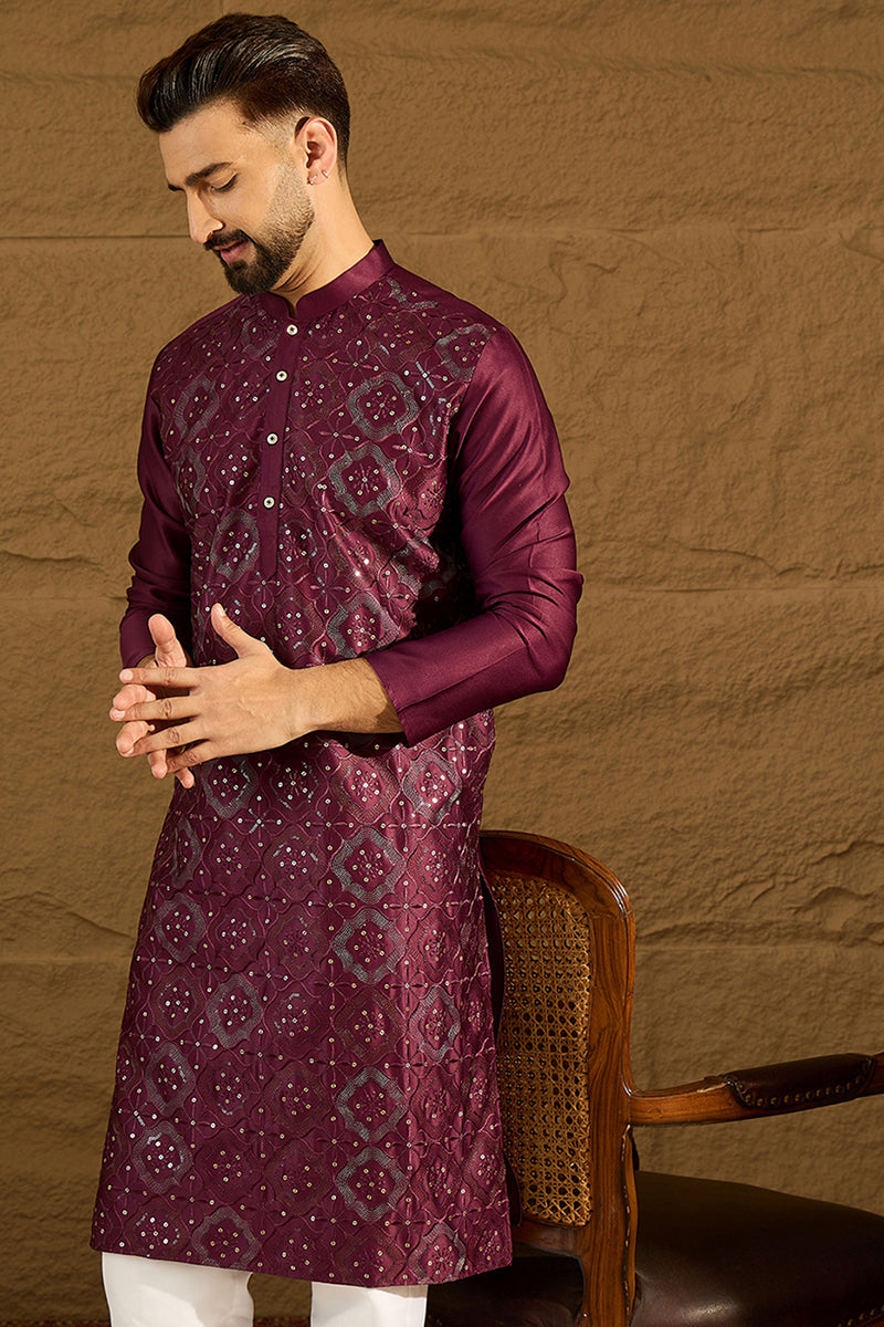 Purple Silk Blend Solid Embroidered Straight Kurta with Trouser MKSET1470