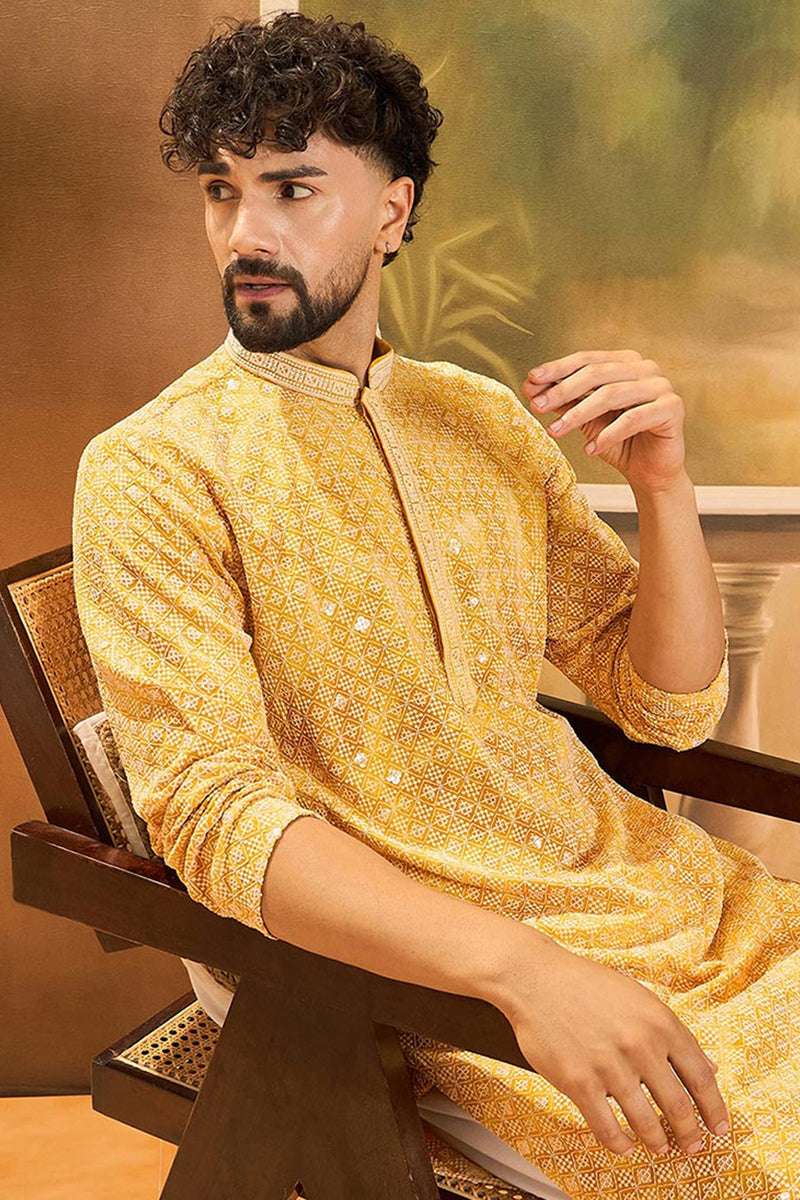 Yellow Viscose Rayon Shibori Embroidered Straight Kurta with Trouser MKSET1483