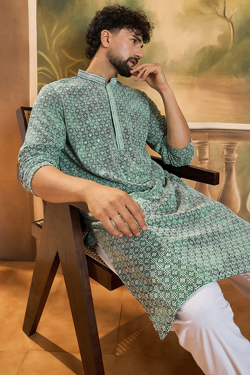 green viscose rayon shibori embroidered straight kurta with trouser