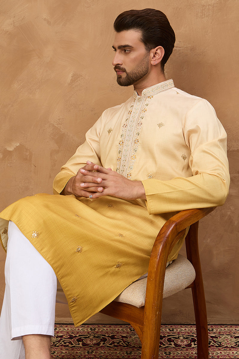 Yellow Silk Blend Solid Embroidered Straight Kurta With Pant Set MKSET1486