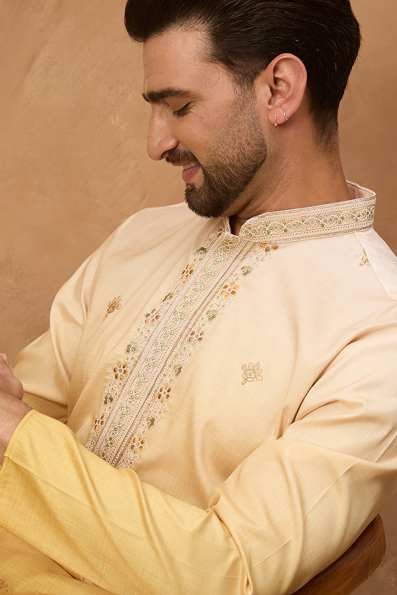 Yellow Silk Blend Solid Embroidered Straight Kurta With Pant Set MKSET1486