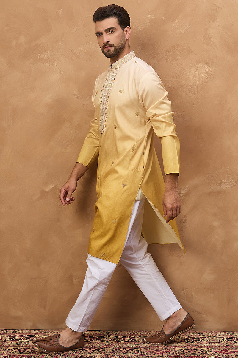 Yellow Silk Blend Solid Embroidered Straight Kurta With Pant Set MKSET1486