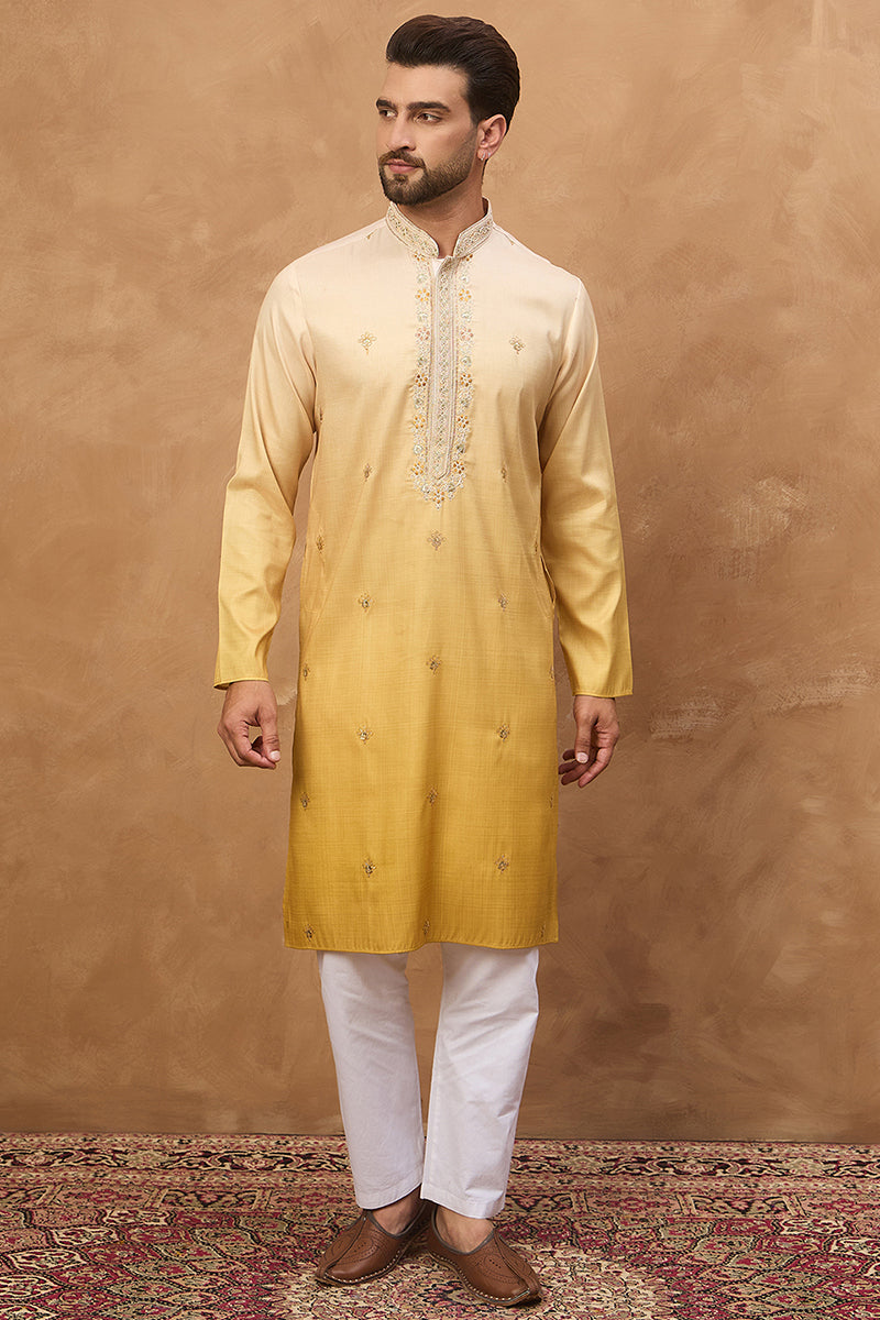 Yellow Silk Blend Solid Embroidered Straight Kurta With Pant Set