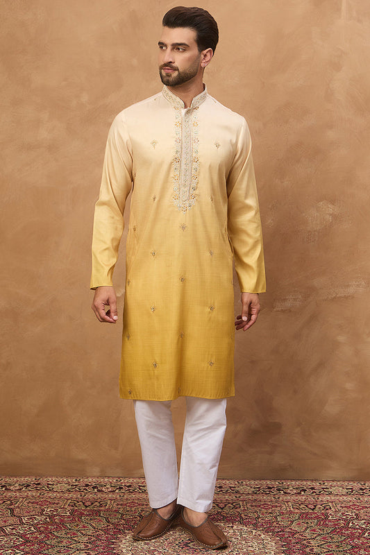 Yellow Silk Blend Solid Embroidered Straight Kurta