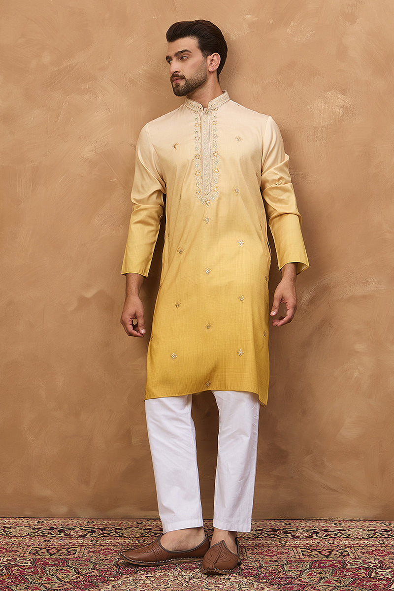 Yellow Silk Blend Solid Embroidered Straight Kurta With Pant Set
