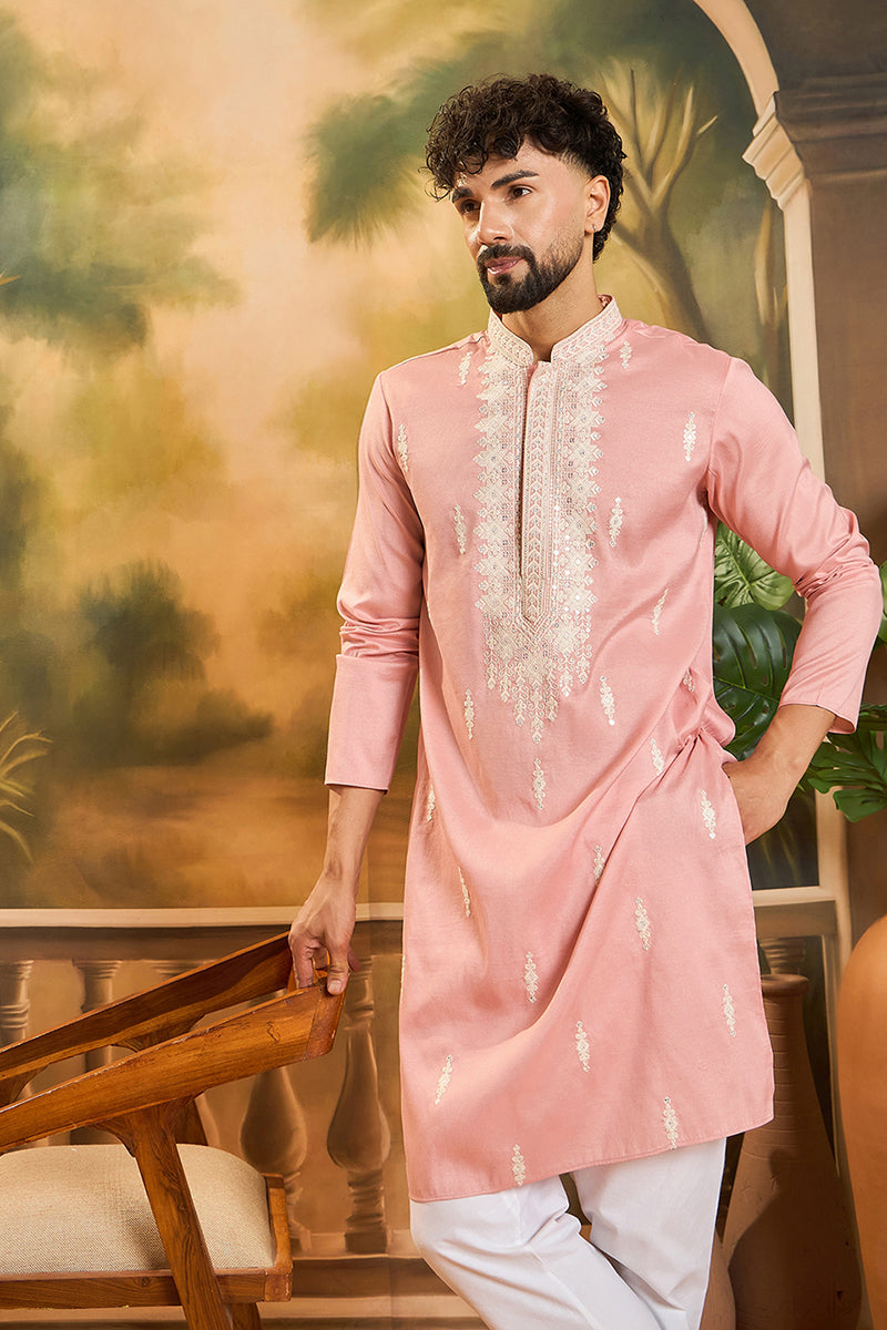Peach Silk Blend Solid Embroidered Straight Kurta with Trouser MKSET1491