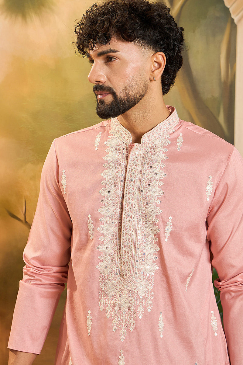 Peach Silk Blend Solid Embroidered Straight Kurta with Trouser MKSET1491