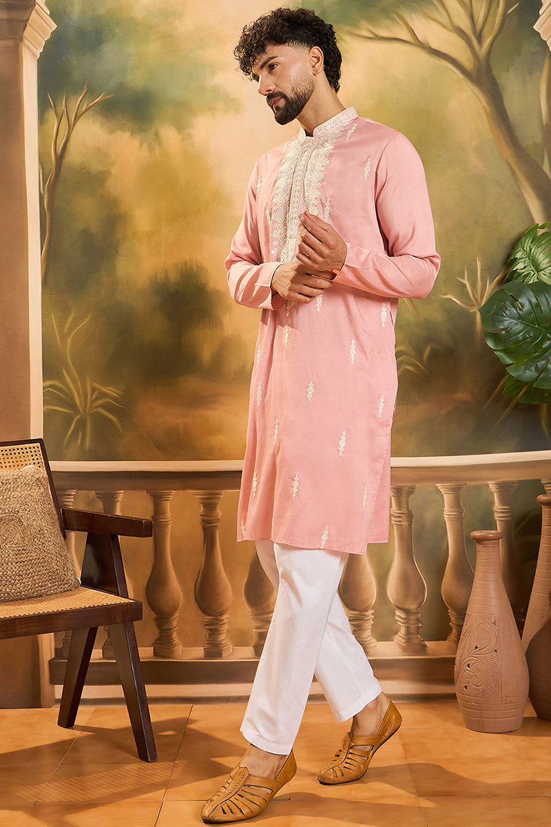 Peach Silk Blend Solid Embroidered Straight Kurta with Trouser MKSET1491