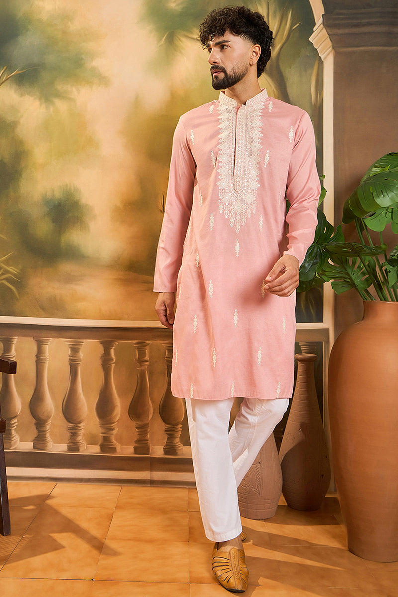 Peach Silk Blend Solid Embroidered Straight Kurta with Trouser