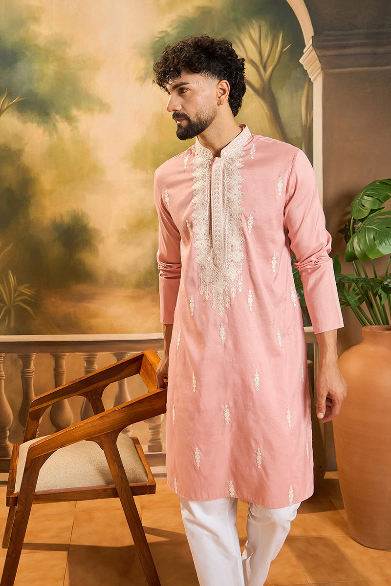 Peach Silk Blend Solid Embroidered Straight Kurta with Trouser