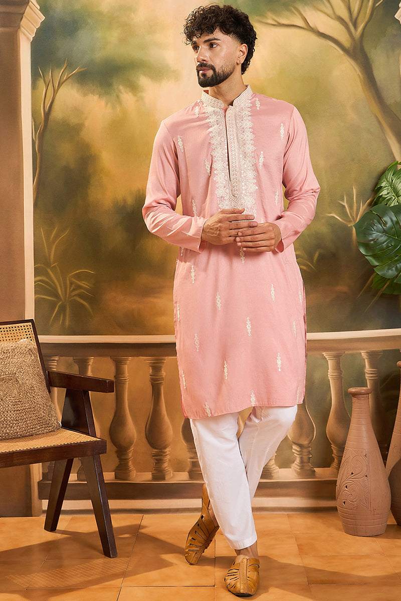 Peach Silk Blend Solid Embroidered Straight Kurta with Trouser