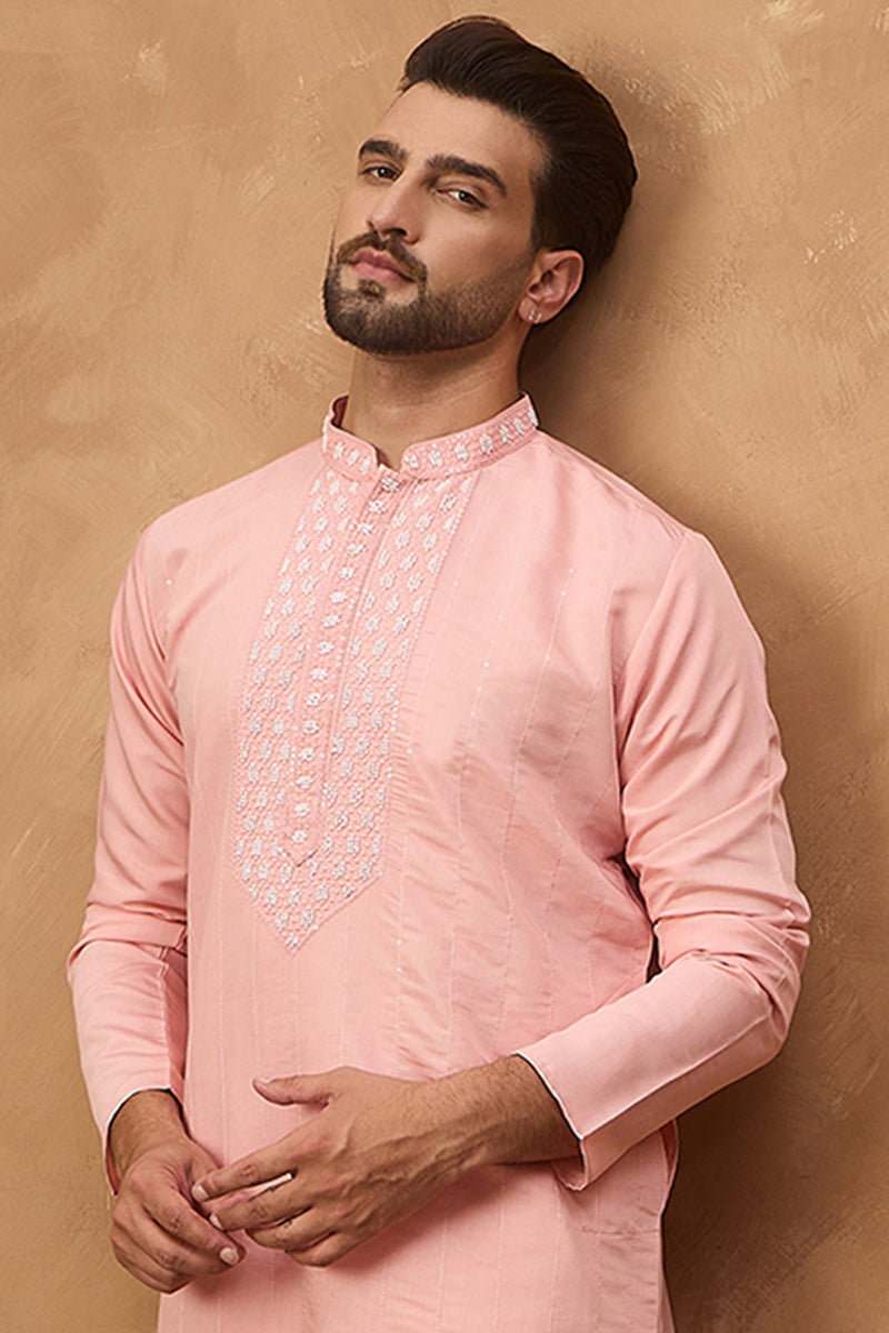 Peach Silk Blend Solid Solid Straight Kurta With Pant Set MKSET1506