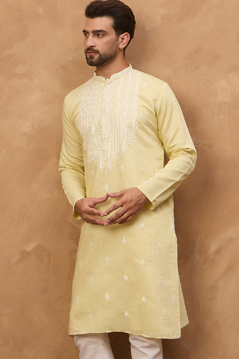 Yellow Silk Blend Solid Embroidered Straight Kurta With Pant Set MKSET1509