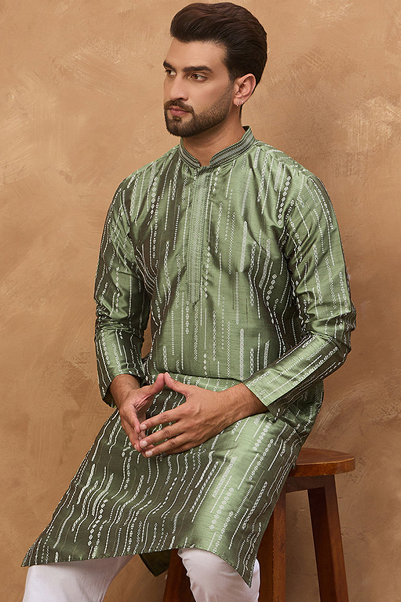 Green Silk Blend Geometric Embroidered Straight Kurta With Pant Set MKSET1517