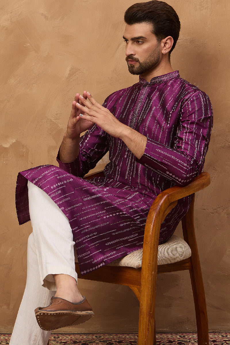 Purple Silk Blend Geometric Printed Straight Kurta With Pant Set MKSET1518