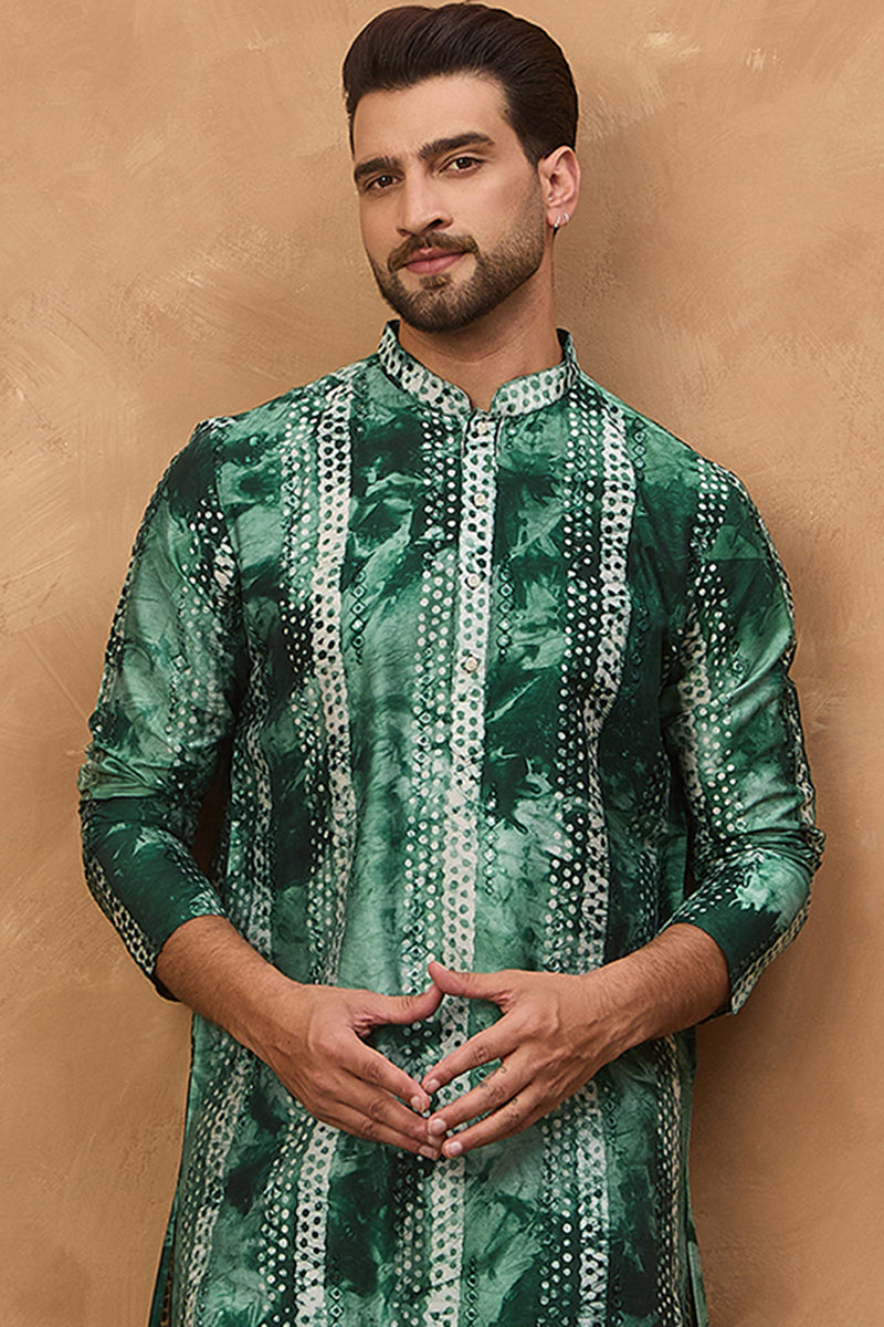Green Silk Blend Shibori Embroidered Straight Kurta With Pant Set MKSET1538