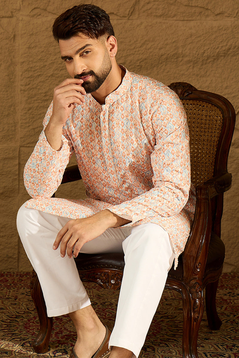 orange viscose rayon geometric printed straight kurta with trouser