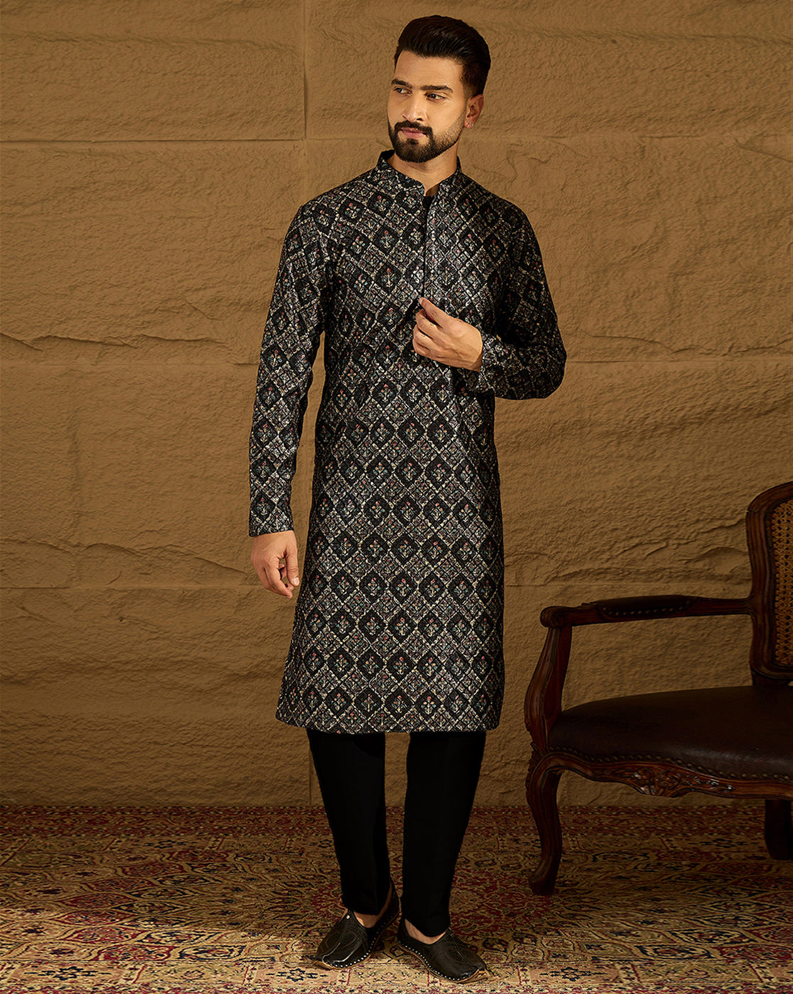 black viscose rayon geometric printed straight kurta with trouser