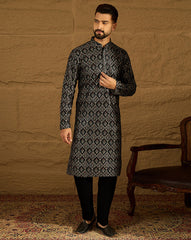 black viscose rayon geometric printed straight kurta with trouser
