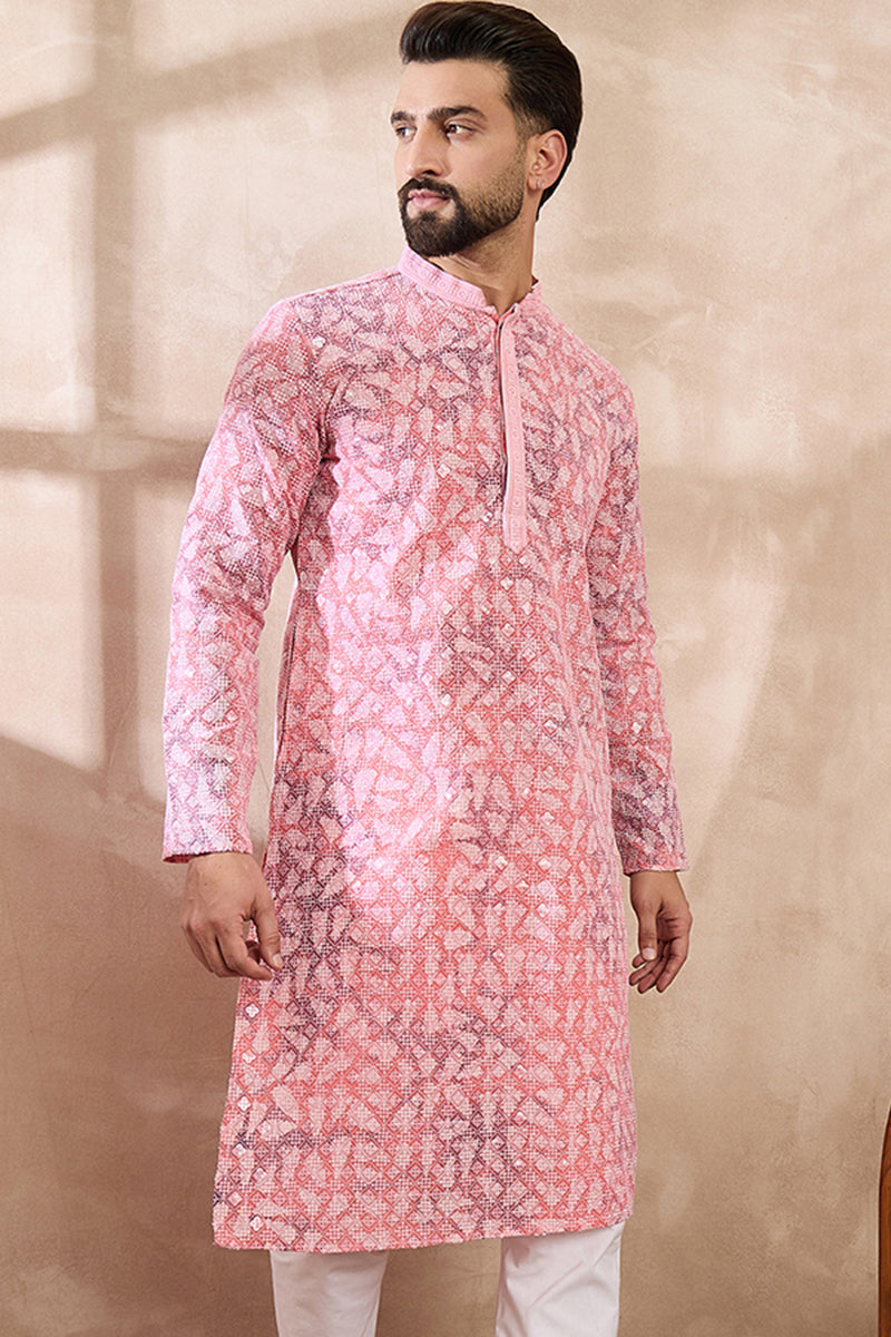 Pink Viscose Rayon Ethnic Motifs Embroidered Straight Kurta With Trouser MKSET1654