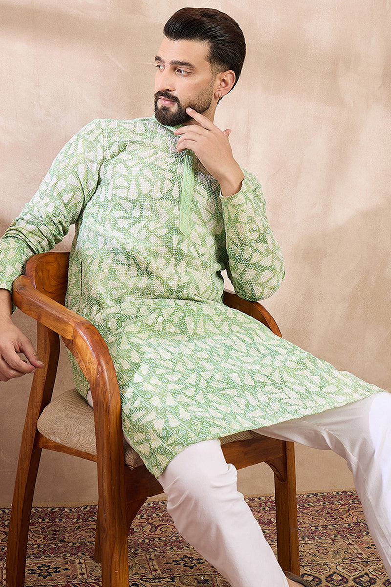 Green Viscose Rayon Ethnic Motifs Embroidered Straight Kurta With Trouser MKSET1672