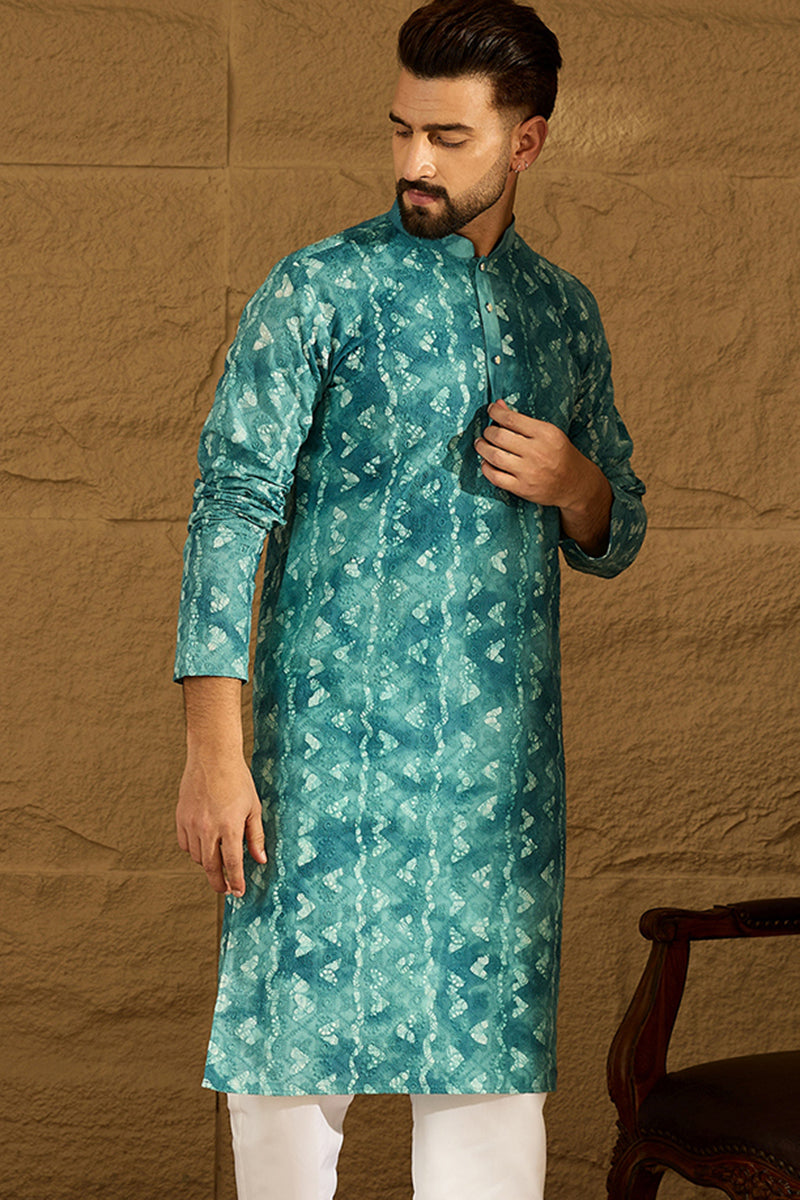 blue cotton batik embroidered straight kurta with trouser