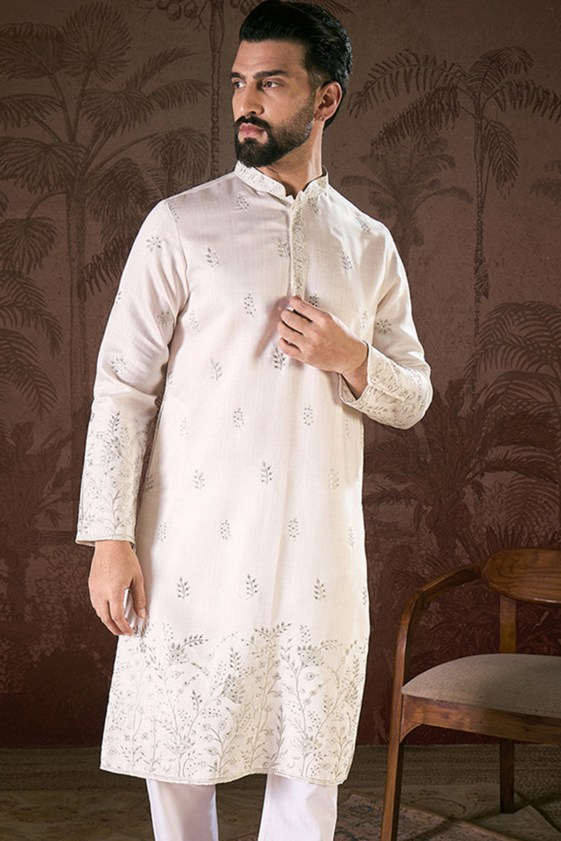 White Silk Blend Floral Embroidered Straight Kurta With Trouser MKSET1784