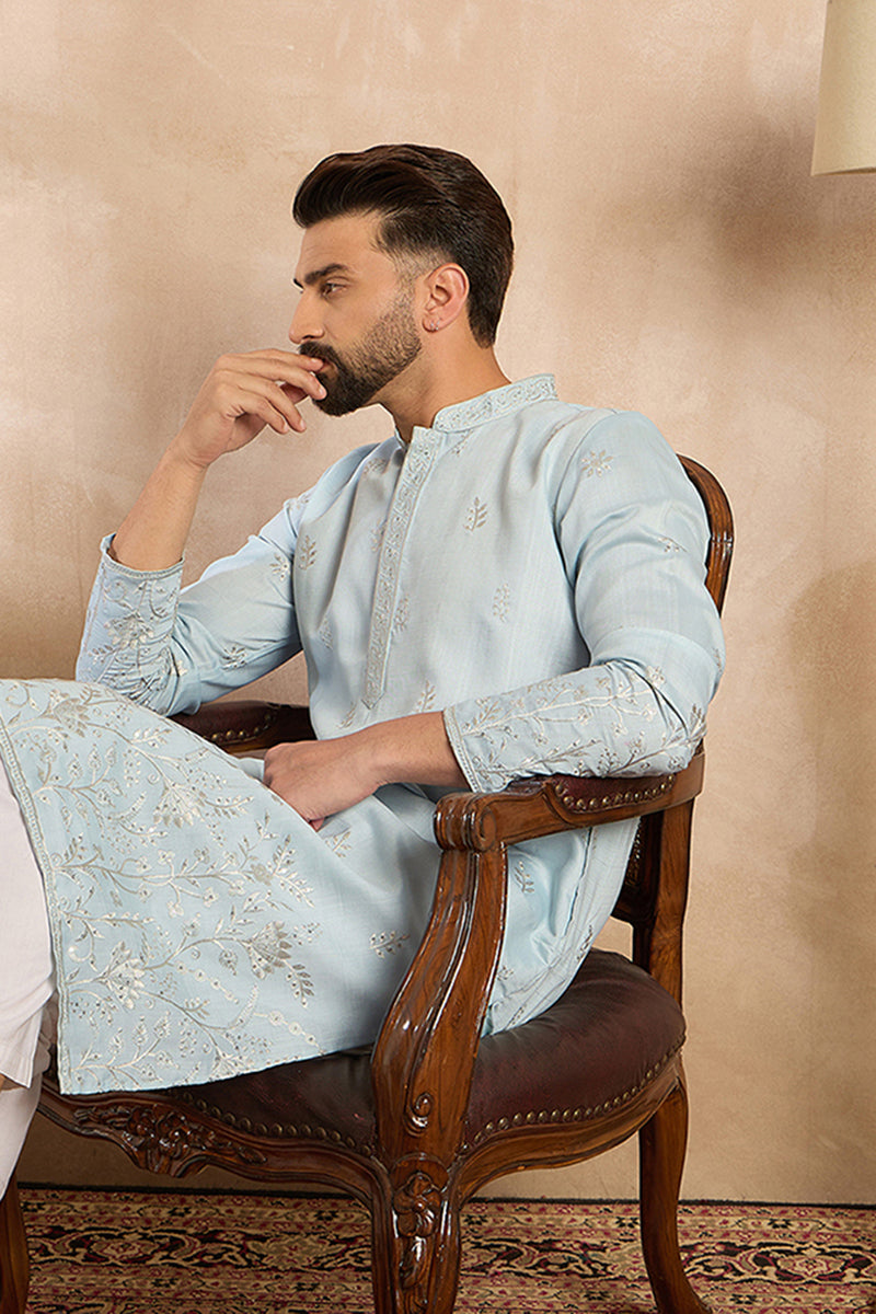 Blue Silk Blend Solid Embroidered Straight Kurta With Trouser MKSET1785