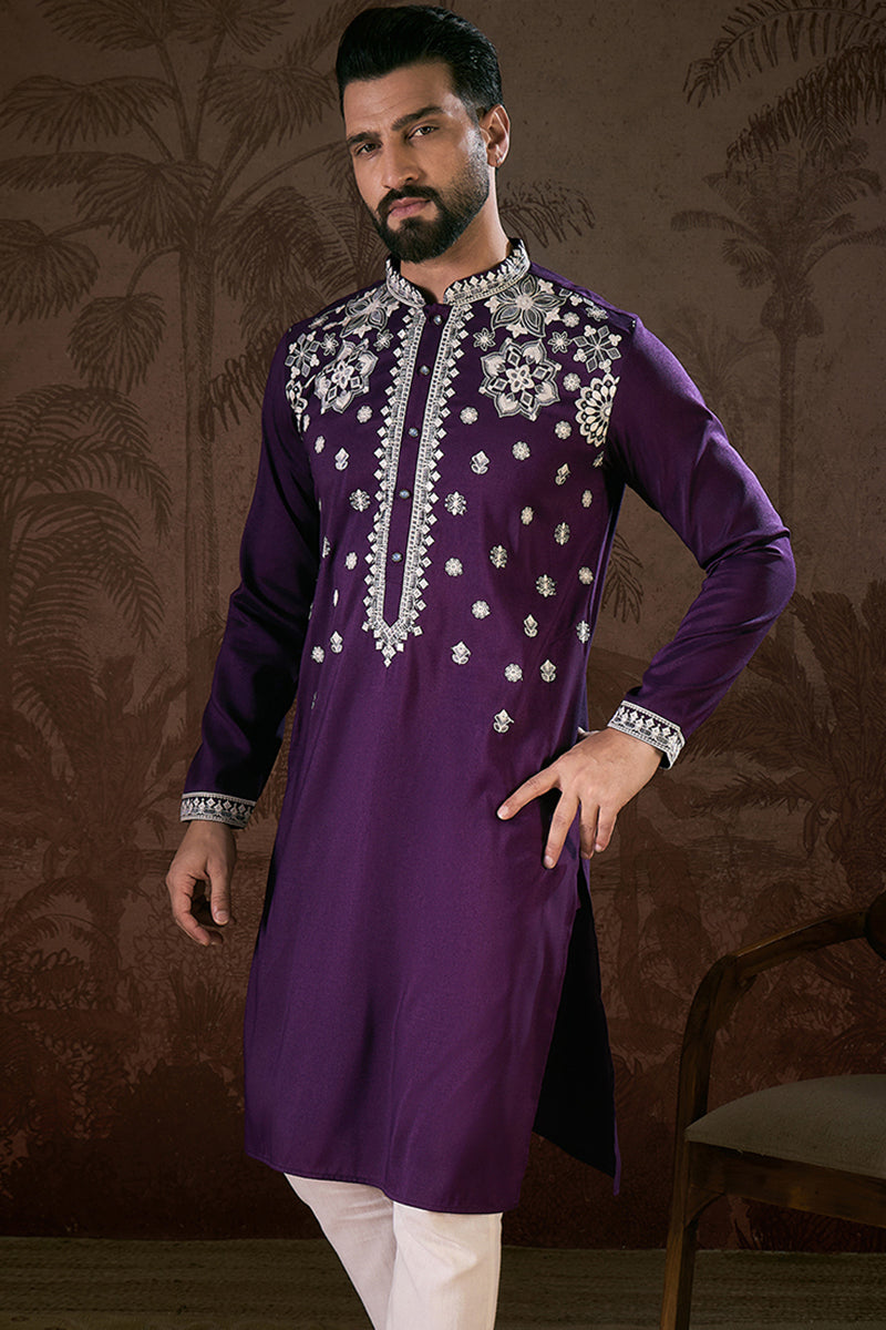 Purple Silk Blend Solid Embroidered Straight Kurta With Trouser MKSET1797