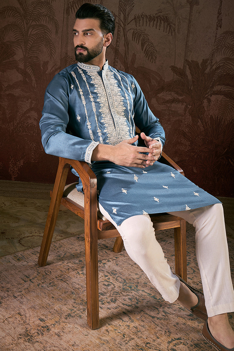 Blue Silk Blend Solid Embroidered Straight Kurta With Trouser MKSET1881