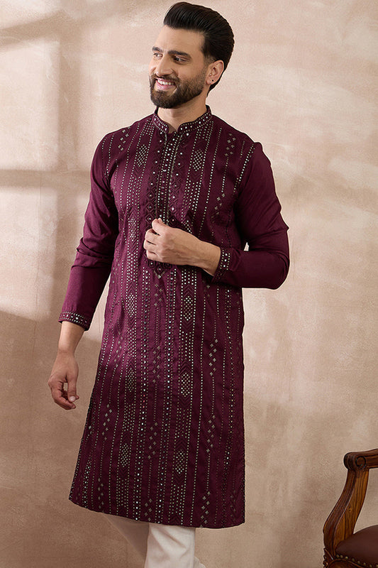 Purple Silk Blend Embroidered Mandarin Collar Straight Kurta With Trouser MKSET1889