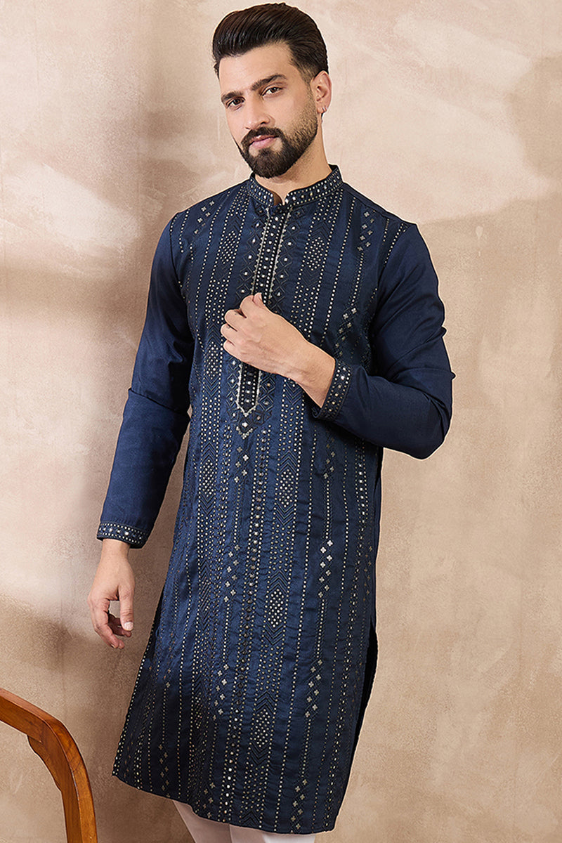 Blue Silk Blend Geometric Embroidered Straight Kurta With Trouser MKSET1890