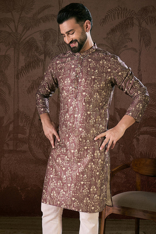 Mauve Silk Blend Floral Printed Straight Kurta With Trouser MKSET1932