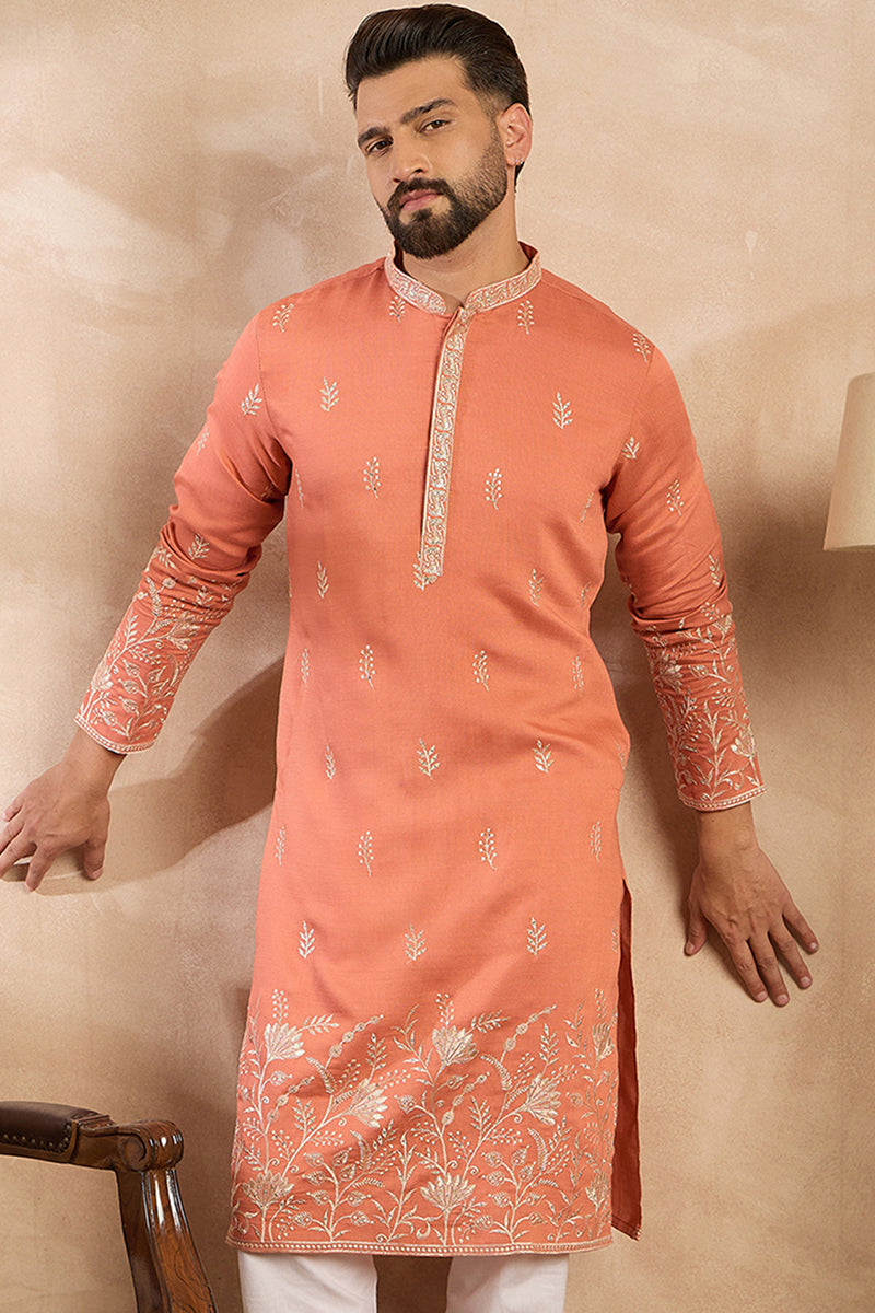 Peach Vartican Solid Embroidered Straight Kurta With Trouser MKSET1935