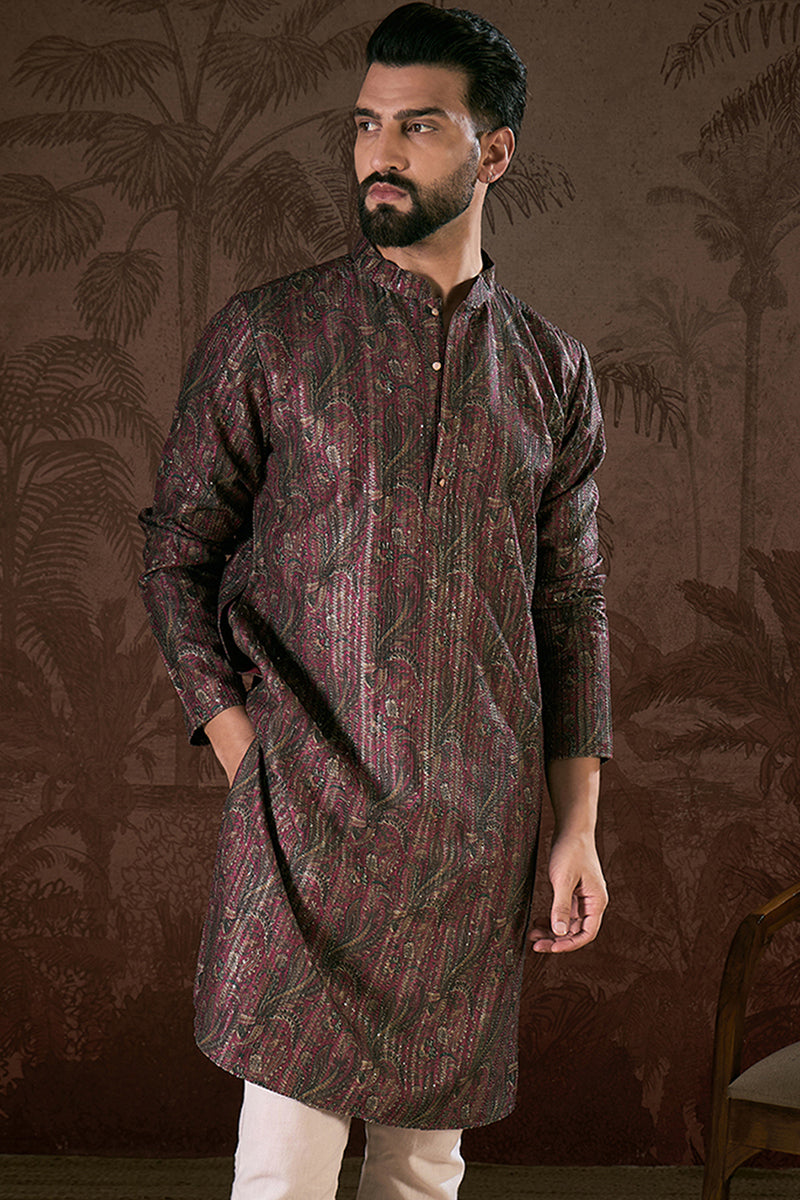 Purple Silk Blend Ethnic Motifs Printed Straight Kurta With Trouser MKSET1941