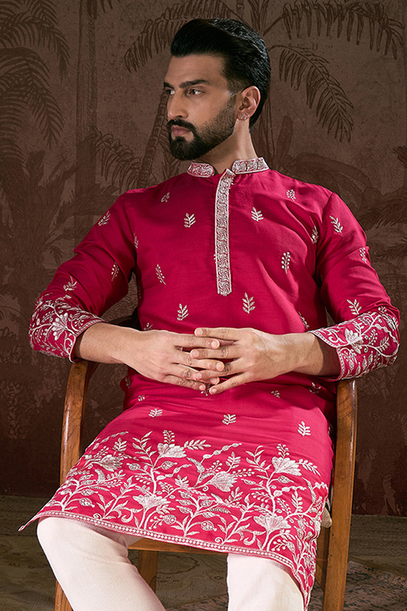 Pink Silk Blend Solid Embroidered Straight Kurta With Trouser MKSET1943