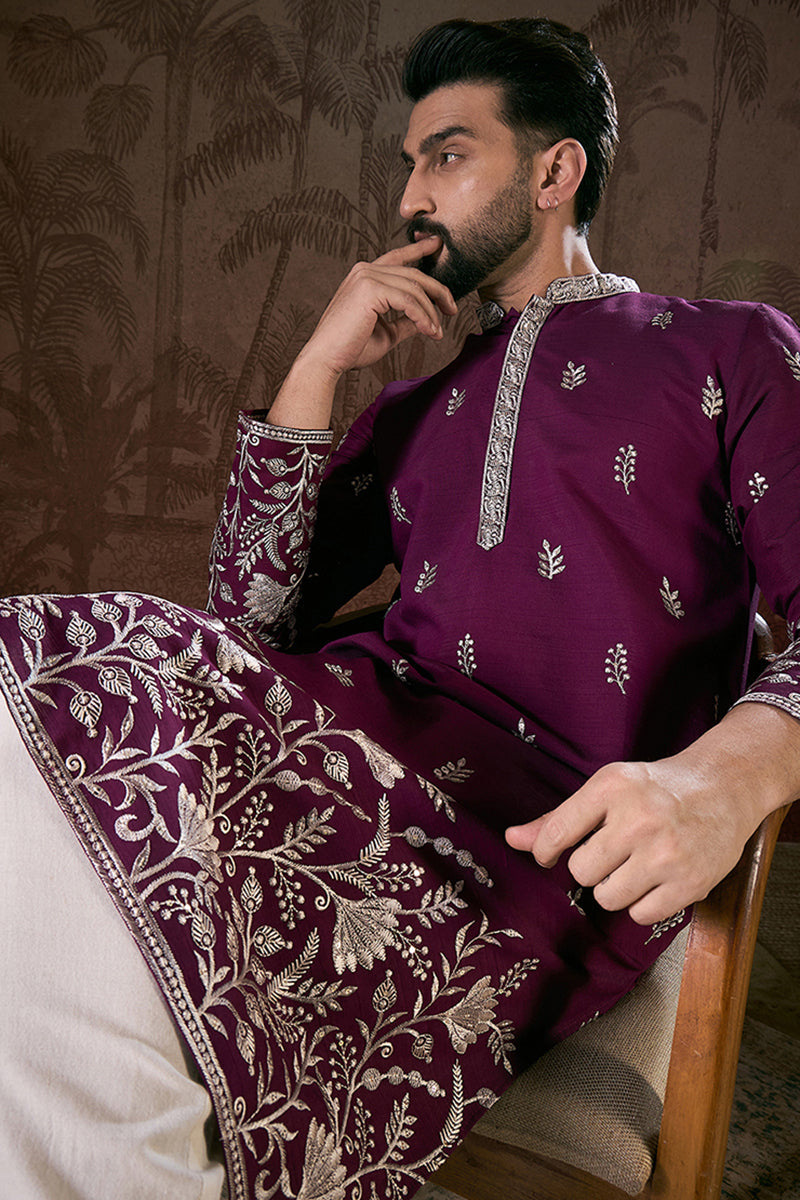 Purple Silk Blend Solid Embroidered Straight Kurta With Trouser MKSET1944