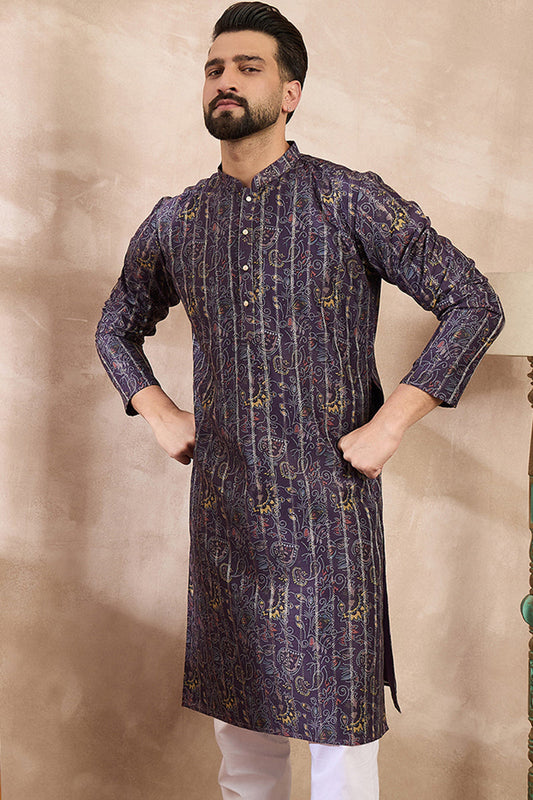 Violet Silk Blend Ethnic Motifs Printed Straight Kurta With Trouser MKSET1954