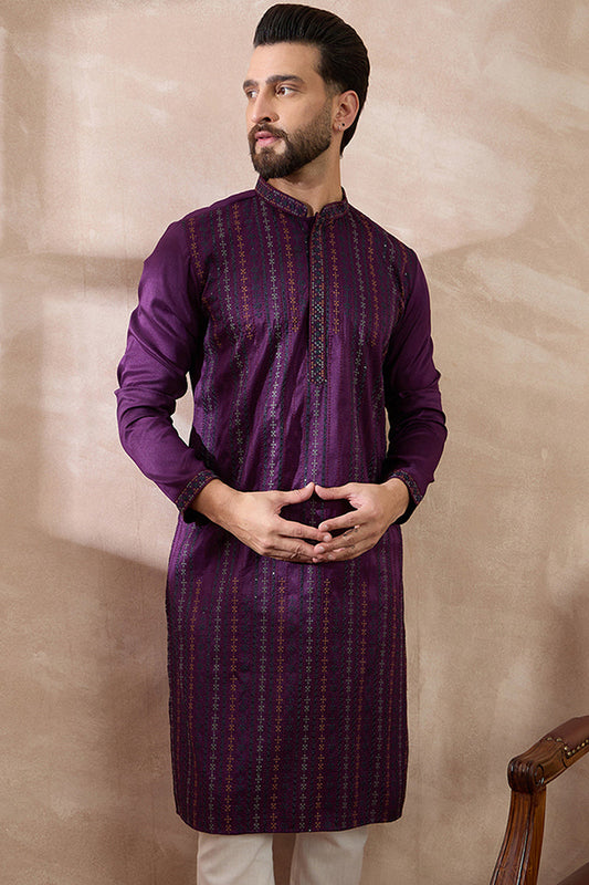 Purple Silk Blend Embroidered Mandarin Collar Straight Kurta With Trouser MKSET2038