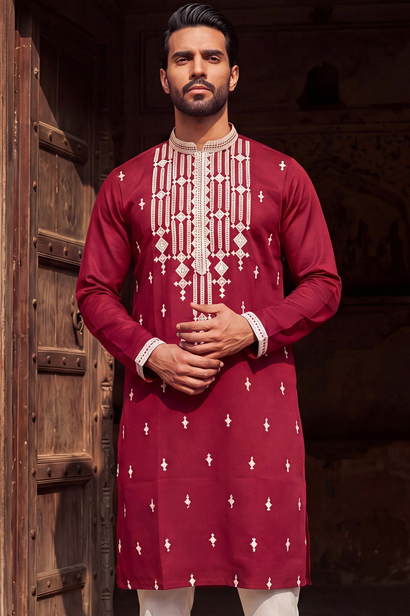 Maroon Silk Blend Embroidered Straight Kurta With Trousers MKSET2049
