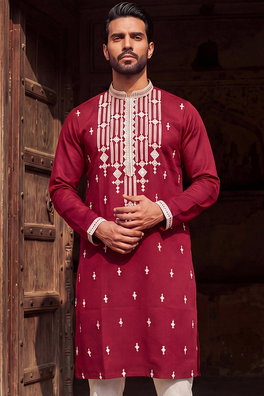 Maroon Silk Blend Embroidered Straight Kurta With Trousers MKSET2049