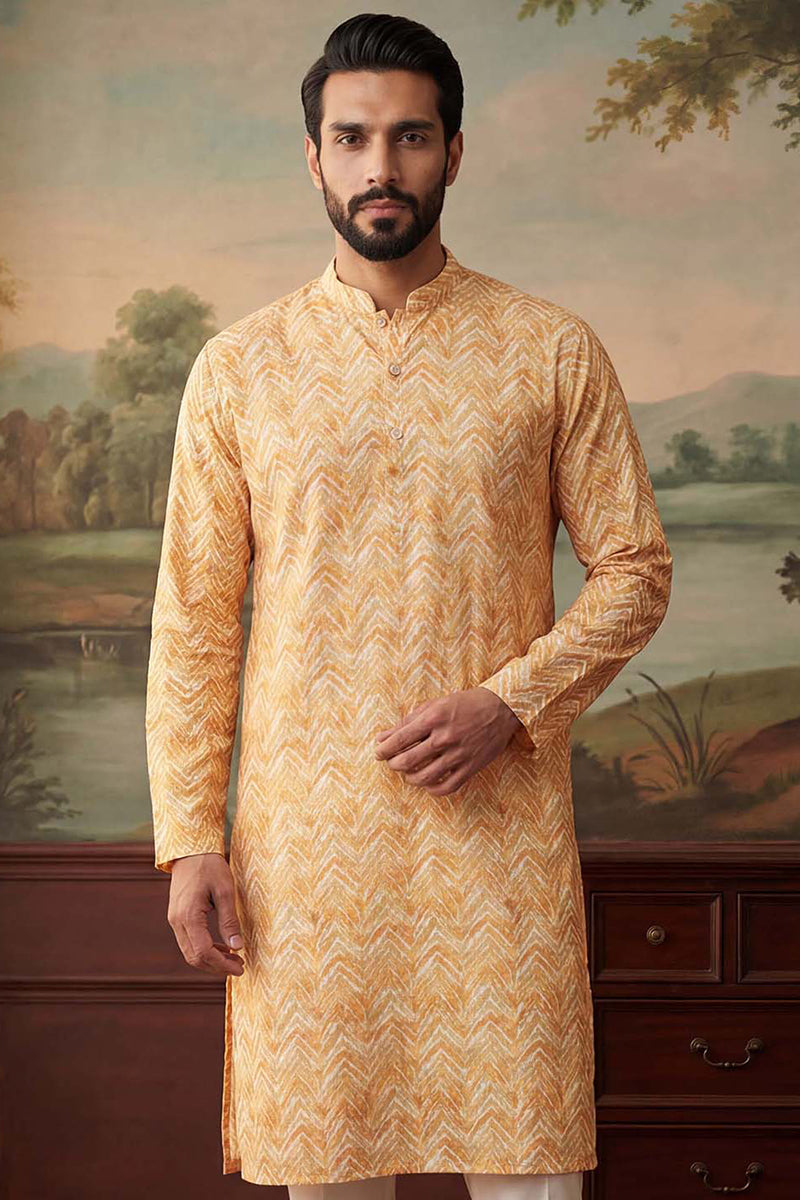 Yellow  Linen Printed Straight Kurta With Trousers MKSET2066