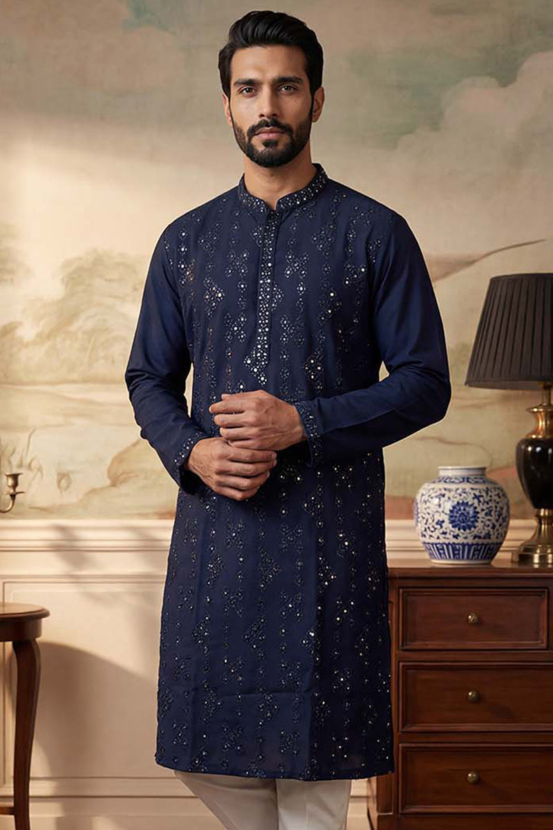 Mens Blue Silk Blend Solid Embroidered Kurta With Trousers MKSET2075