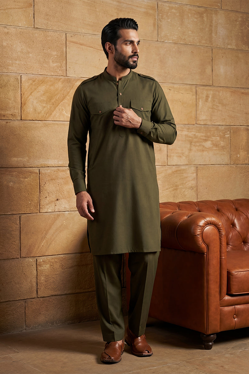 Men Green Viscose Rayon Solid Straight Pathani Set MKSET2201
