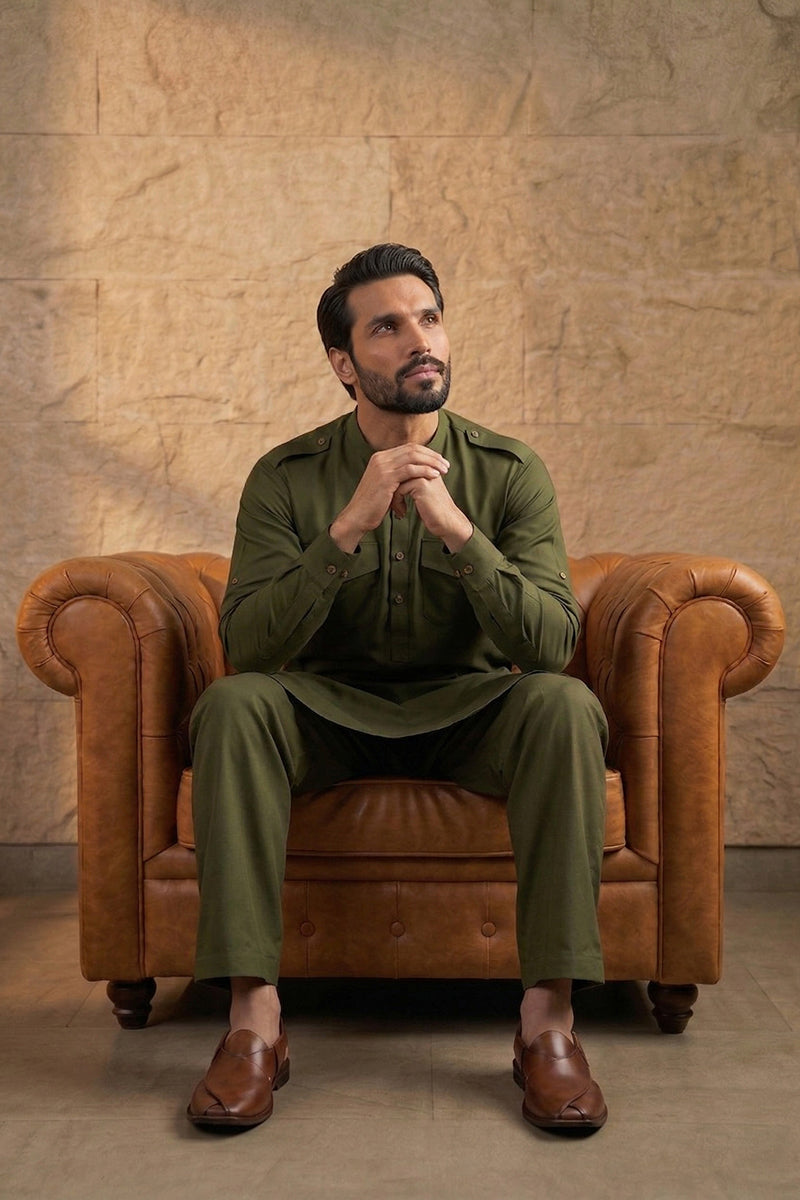 Men Green Viscose Rayon Solid Straight Pathani Set MKSET2201